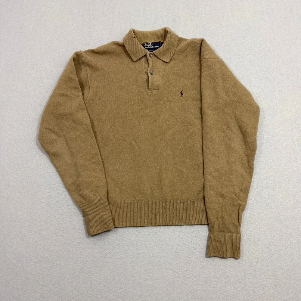 Vintage Polo Ralph Lauren Sweater Men's Medium Tan Lambswool Polo Pullover 90s